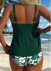 Mid Waisted Tropical Plants Print Patchwork Tankini Set
