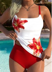 Mid Waisted Floral Print Tummy Coverage Red Tankini Set