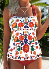 Mid Waisted Floral Print Patchwork Multi Color Tankini Set