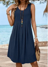 Tummy Coverage Navy Short Sleeveless Round Neck Dress