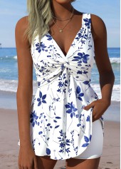 Mid Waisted Floral Print Tummy Coverage White Tankini Set