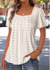 Pleated Beige Short Sleeve Square Neck T Shirt