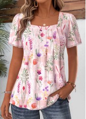 Floral Print Pleated Light Pink Short Sleeve T Shirt
