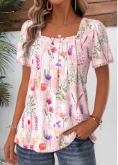 Floral Print Pleated Light Pink Short Sleeve T Shirt