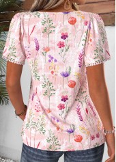 Floral Print Pleated Light Pink Short Sleeve T Shirt