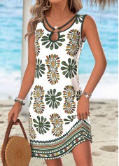 Tribal Print Tummy Coverage Multi Color Short Sleeveless Dress