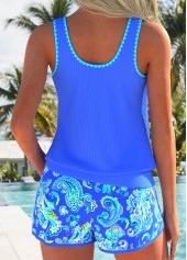 Mid Waisted Paisley Print Blouson Purplish Blue Tankini Set