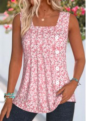 Ditsy Floral Print Pleated Pink Sleeveless Tank Top
