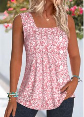 Ditsy Floral Print Pleated Pink Sleeveless Tank Top