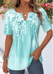 Floral Print Tuck Stitch Cyan Short Sleeve T Shirt