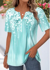 Floral Print Tuck Stitch Cyan Short Sleeve T Shirt