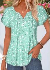 Floral Print Patchwork Light Green Short Sleeve T Shirt