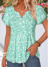 Floral Print Patchwork Light Green Short Sleeve T Shirt