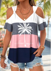 Tropical Plants Print Twist Pink Short Sleeve T Shirt