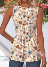 Floral Print Wrap Beige Sleeveless Round Neck Tank Top