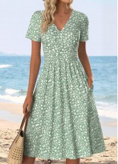 Ditsy Floral Print Surplice Light Green Short Sleeve Dress