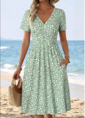 Ditsy Floral Print Surplice Light Green Short Sleeve Dress