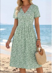 Ditsy Floral Print Surplice Light Green Short Sleeve Dress