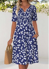 Floral Print Smocked Navy Short Sleeve Split Neck Dress