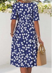 Floral Print Smocked Navy Short Sleeve Split Neck Dress