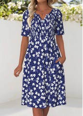 Floral Print Smocked Navy Short Sleeve Split Neck Dress