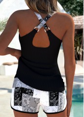Mid Waisted Tribal Print Tummy Coverage Black Tankini Set