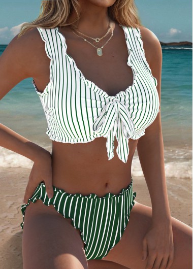 Mid Waisted Striped Bowknot Light Green Bikini Set