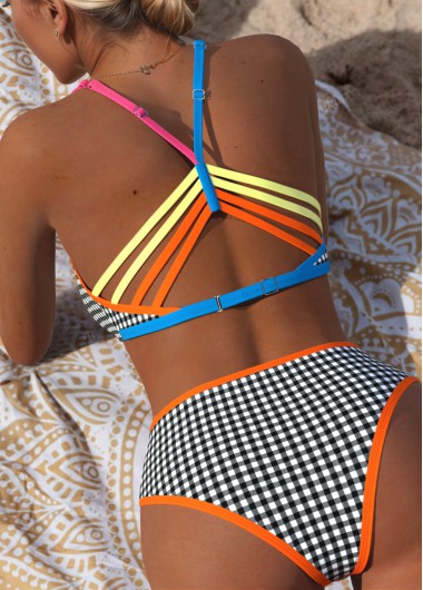Mid Waisted Gingham Print Pull On Black Bikini Set