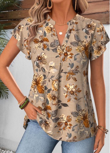 Floral Print Light Camel Short Sleeve Split Neck Blouse