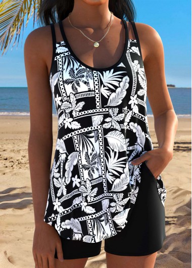 Mid Waisted Tropical Plants Print Curved Hem Tankini Set Mid Waisted Tropical Plants Print Curved Hem Tankini Set