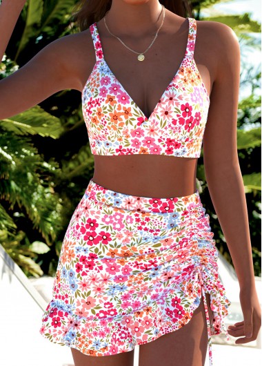 Mid Waisted Ditsy Floral Print Three-piece Pink Bikini Set