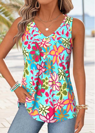 Floral Print Patchwork Multi Color Sleeveless Tank Top