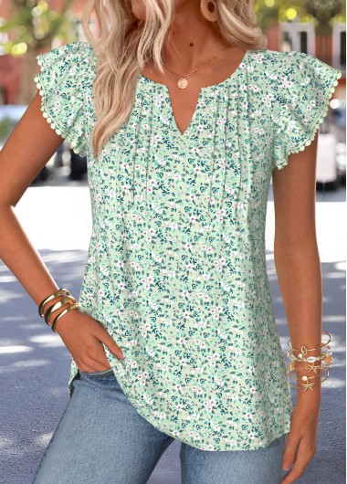 Ditsy Floral Print Tuck Stitch Light Green T Shirt