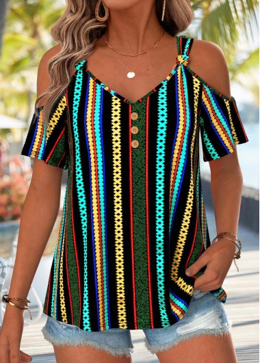 Geometric Print Twist Multi Color Short Sleeve T Shirt Geometric Print Twist Multi Color Short Sleeve T Shirt