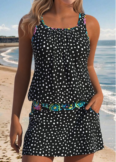 Mid Waisted Polka Dot Two-piece Black Tankini Set