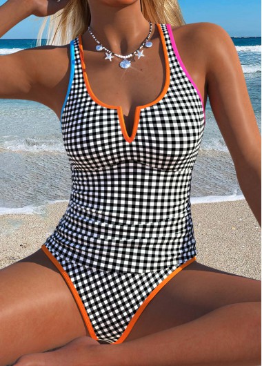 Mid Waisted Gingham Print Patchwork Black Tankini Set