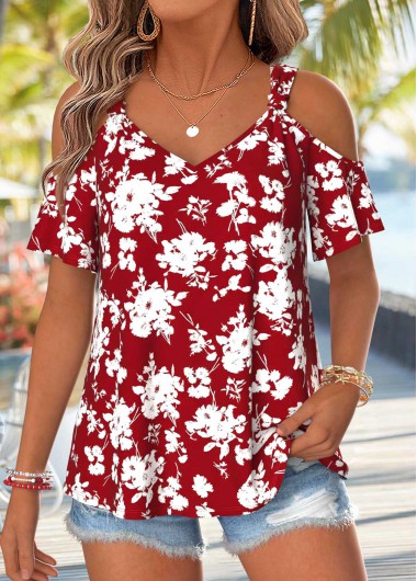 Floral Print Twist Wine Red Short Sleeve T Shirt Floral Print Twist Wine Red Short Sleeve T Shirt