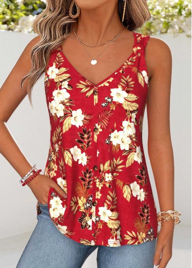 Floral Print Curved Hem Red Sleeveless Tank Top Floral Print Curved Hem Red Sleeveless Tank Top