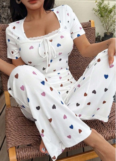 Heart Print White Square Neck Lounge Top and Pants