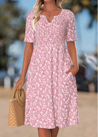 Floral Print Smocked Pink Short Sleeve Split Neck Dress Floral Print Smocked Pink Short Sleeve Split Neck Dress