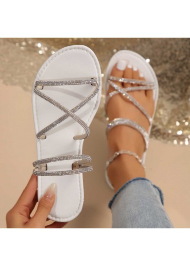 Silvery White Round Toe Falt Sandals