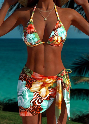 Low Waisted Floral Print Three-piece Multi Color Bikini Set