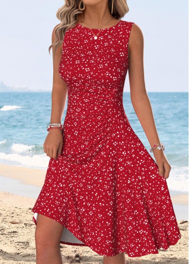 Polka Dot Shirred Red Sleeveless Round Neck Dress