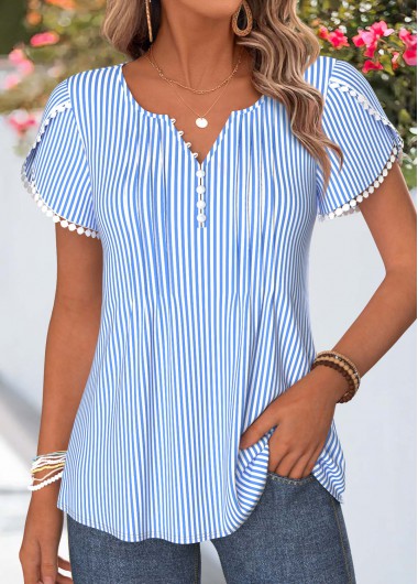 Striped Patchwork Blue Short Sleeve Split Neck T Shirt