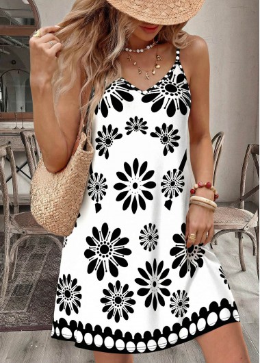 Floral Print Tummy Coverage White Short Strappy Dress