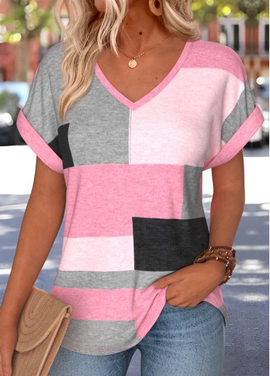 Geometric Print Tummy Coverage Pink Short Sleeve T Shirt