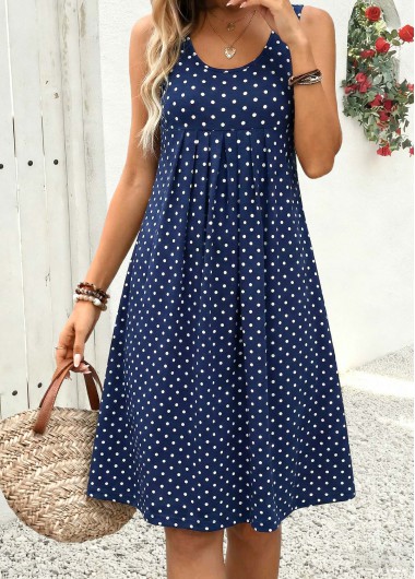 Polka Dot Pleated Navy A Line Sleeveless Dress