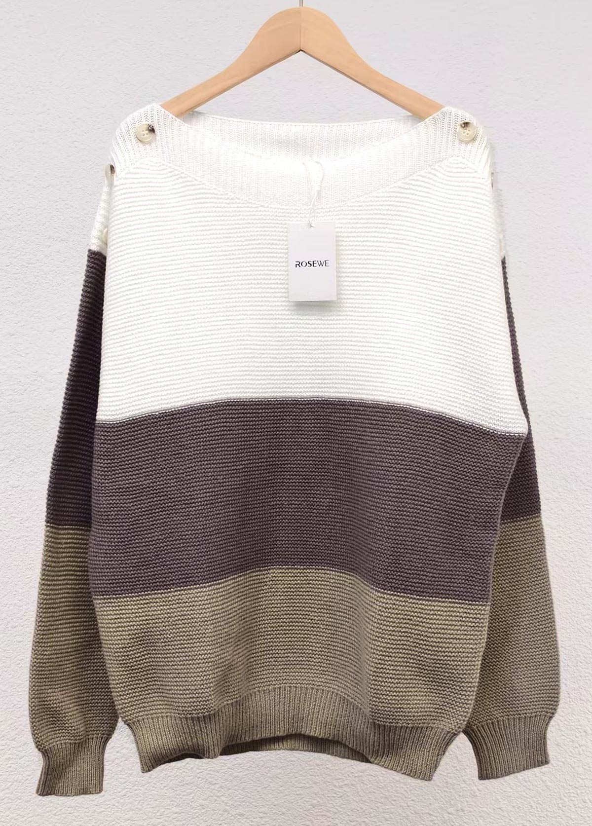 Patchwork Dark Coffee Long Sleeve Round Neck Sweater