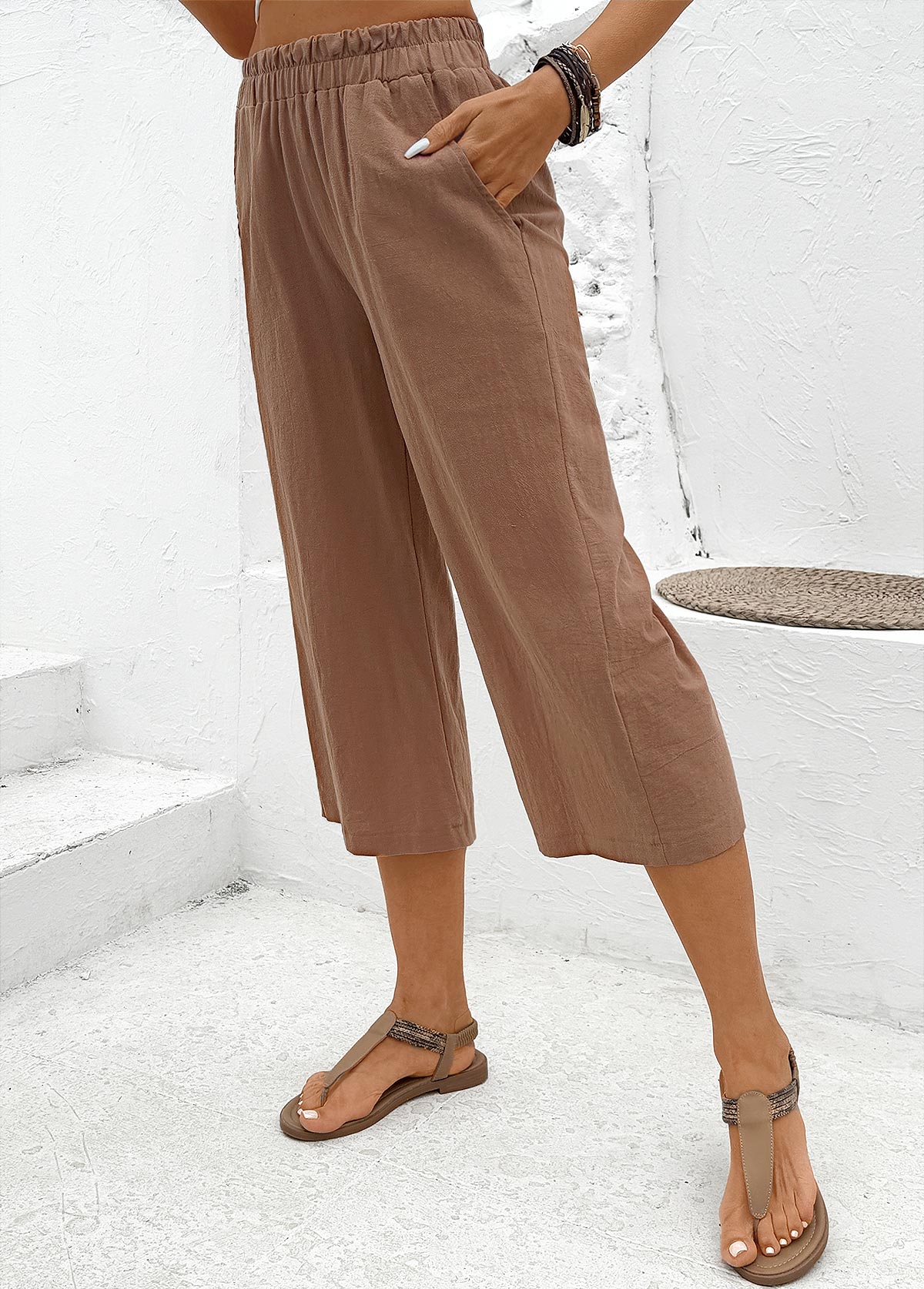 Soft Dark Camel Straight Leg Elastic Waist Pants