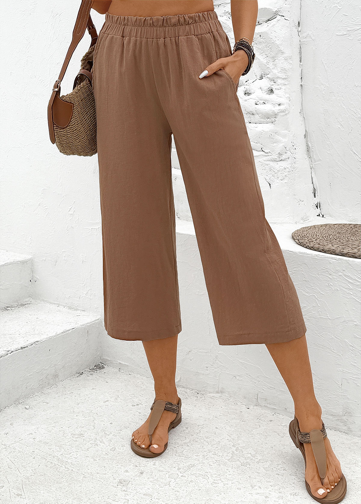 Soft Dark Camel Straight Leg Elastic Waist Pants